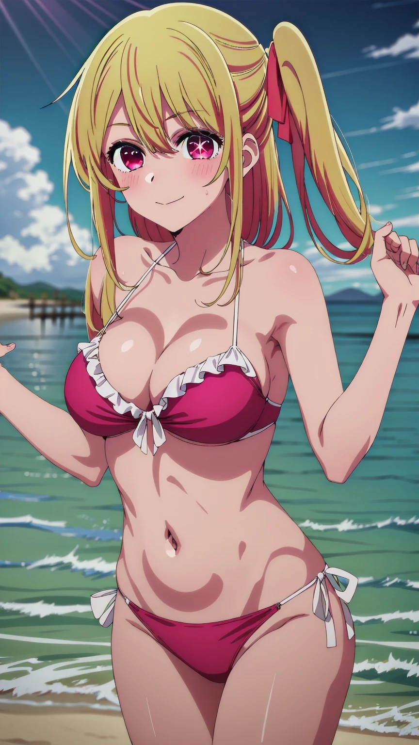 best quality, masterpiece, highres, solo, {ruby_oshinoko:1.15}, blonde_hair, bangs, long_hair, blush, closed_mouth,  1girl,pink_eyes,  hair_between_eyes, hair_ribbon, pink_ribbon, ribbon, red_eyes,Smiling, looking at the viewer, Bikini,blue theme, blue background, cloudy sky, sunlight, sweat, orgasmic, bikini swimsuit, large breasts, cleavage, belly button exposed, collarbone, thighs, sea and beach,