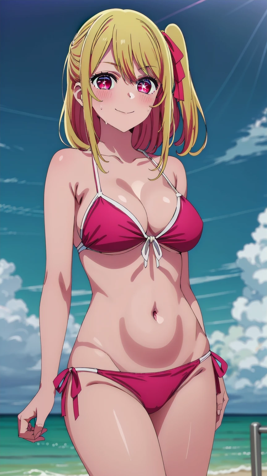 best quality, masterpiece, highres, solo, {ruby_oshinoko:1.15}, blonde_hair, bangs, long_hair, blush, closed_mouth,  1girl,pink_eyes,  hair_between_eyes, hair_ribbon, pink_ribbon, ribbon, red_eyes,Smiling, looking at the viewer, Bikini,blue theme, blue background, cloudy sky, sunlight, sweat, orgasmic, bikini swimsuit, large breasts, cleavage, belly button exposed, collarbone, thighs, sea and beach,