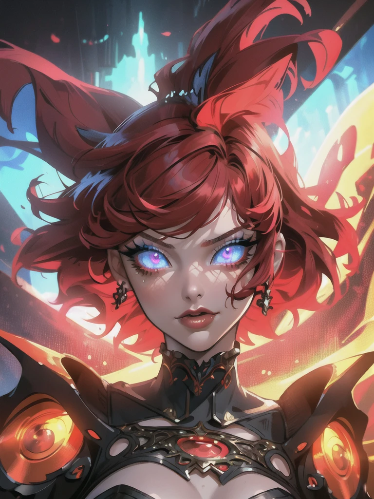 Red hair color,(masterpiece, best quality),(1 lady),(solo),(artstation),(dynamic),(charming),(magical),(unreal engine),(fantastically beautiful),(illustration),(dramatic lighting),(rave background),(neon glow),(maximalist),(extremely detailed eyes and face),(long eyelashes),(intricate details),(vibrant colors),(cinematic lighting),(fantasy portrait)