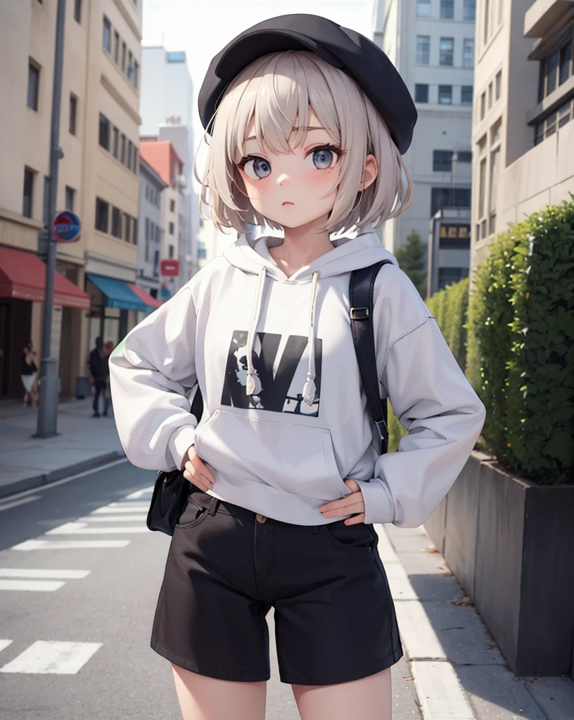 masterpiece,1 Girl,alone,(((The cutest girl ever)))、short hair,,Fashionable hoodies,Mob Cap, street,Please put your hands on your hips, Place one'Hand in hand'Pocket,Blonde Hair、Short Hair、Pink hoodie、Cat ears、Cat ear、Turquoise Eyes