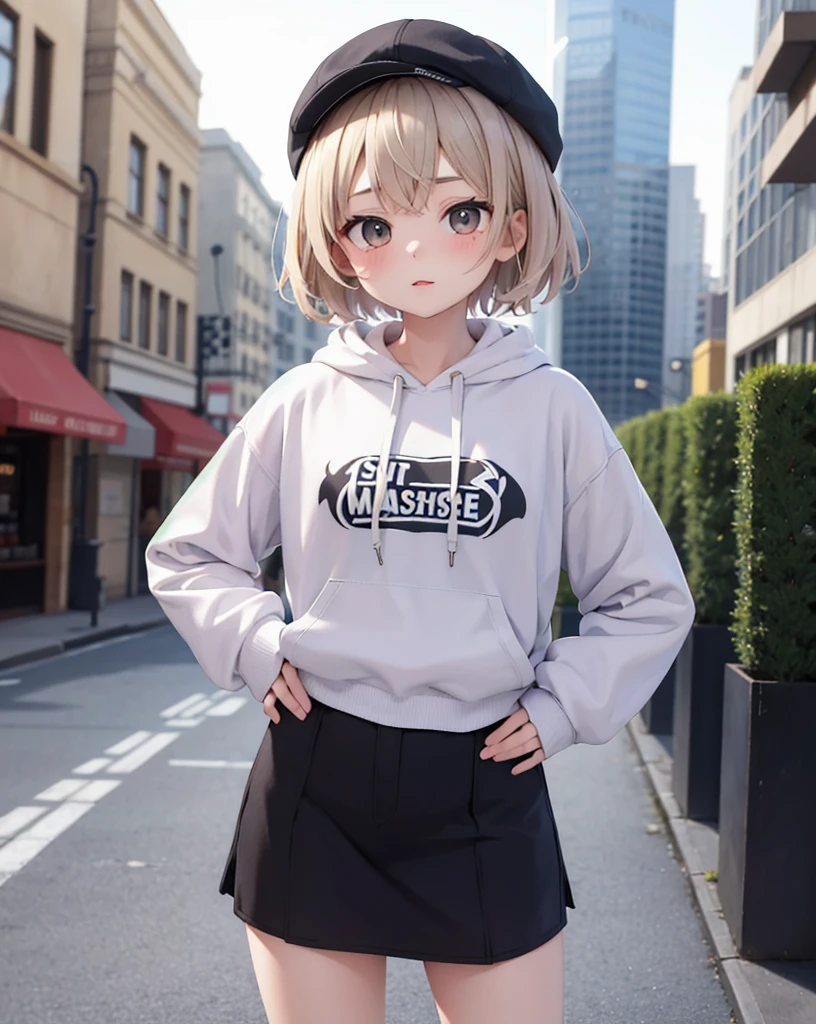 masterpiece,1 Girl,alone,(((The cutest girl ever)))、short hair,,Fashionable hoodies,Mob Cap, street,Please put your hands on your hips, Place one'Hand in hand'Pocket,Blonde Hair、Short Hair、Pink hoodie、Cat ears、Cat ear、Turquoise Eyes