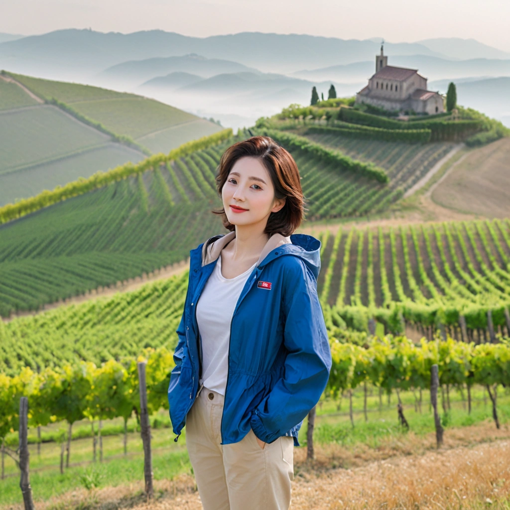 8k best picture quality, Beautiful 36-year-old Korean woman, You have good skin and big and pretty eyes.... Chest size 34 inches, italian countryside, past the vineyard, The cathedral can be seen in the distance in the thick fog...., The background is realistic and vivid quality...., Short and medium hair blowing in the wind, Wear a quality windbreaker over your t-shirt. beige casual pants, i am smiling. 안개 낀 Standing on a hill overlooking a vineyard. the background is clear, Short and slim Korean woman, stand far away, Full body photo taken with Canon Mark 5 camera 16-35 wide angle lens, A woman with big and pretty eyes, eyes are round and big. Standing on a hill overlooking a vineyard