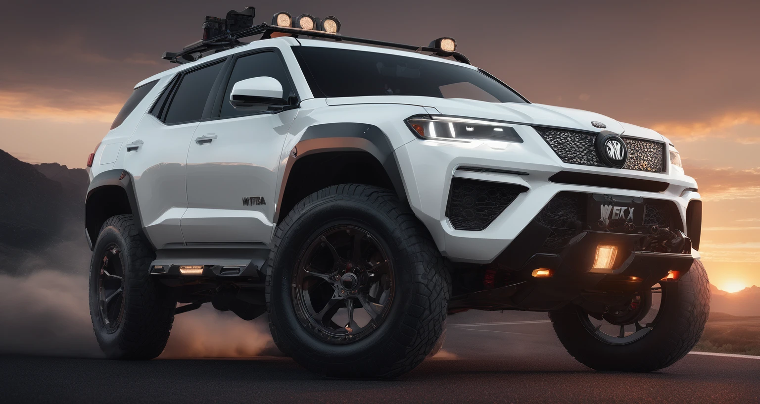 White SUV, Aesthetic, Extremely detailed, a car, Rapid acceleration on the highway, dusk,Beautiful fantasy photos,Complex details,Amazing, Produced by WETA FX and Industrial Light & Magic, Sophisticated RTX-enhanced CGI rendering