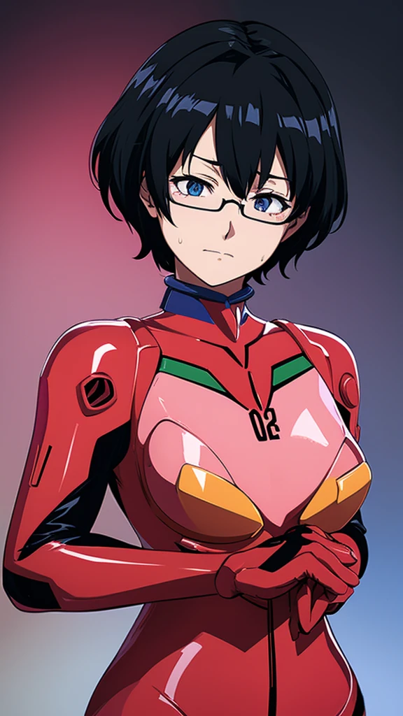 high resolution , Neon Genesis EVANGELION , Boyish short hair , Black Hair, Glasses, Pichi Pichi, Pink plug suit Japanese middle-aged women Aunt Sweaty