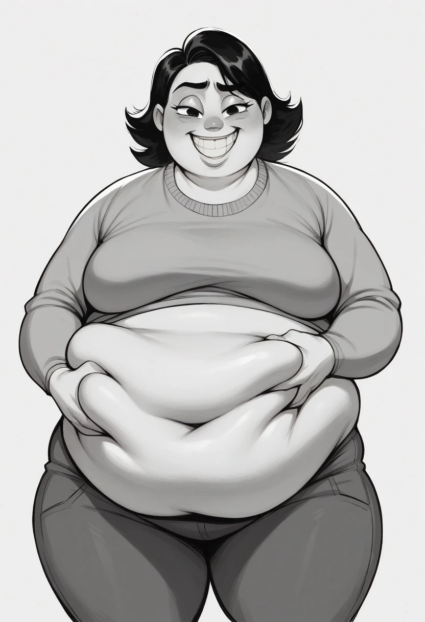 Fat obese, sssbbw, gluttony, high school girl, pixar animated, toothy grin, grabbing belly, Masterpiecev10, Extremely detailed, belly hanging out