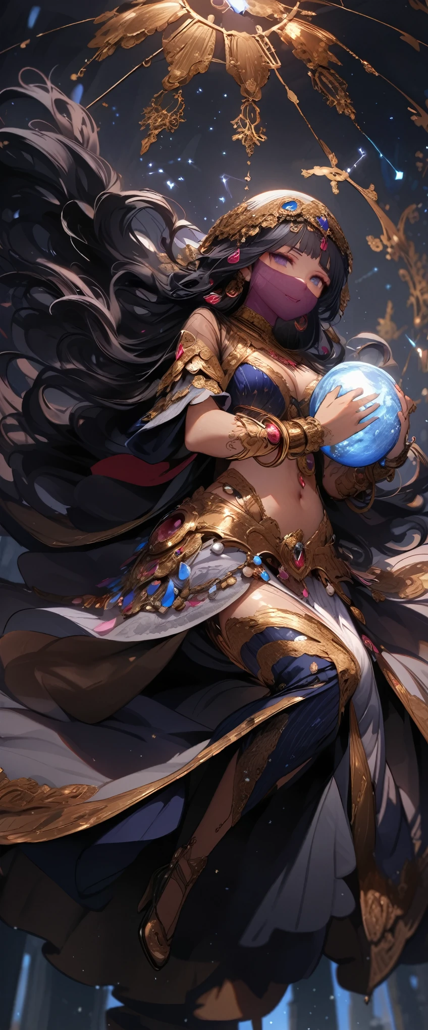 quality\(8k,wallpaper of extremely detailed CG unit, ​masterpiece,hight resolution,top-quality,top-quality real texture skin,hyper realisitic,increase the resolution,RAW photos,best qualtiy,highly detailed,the wallpaper,cinematic lighting,ray trace,golden ratio\), BREAK ,solo,1girl\(Astrologer,Arabic,(face veil:1.7),dark skin, shiny skin, cleavage, wearing head_scarf\(shawl\),wearing bedlah\(belly_dance dress\), crystal jewelry, smiling mouth under face veil, black hair, long hair, wavy hair, bracelets, necklace, earrings,wearing makeup\(eyeshadow,lips\),long eyebrow,(holding big beautiful 1crystal_ball:1.3)\), BREAK ,background\(inside,(very dark:1.4), dark sky,many shiny stars\((constellations:1.8)\),(tarot_card floating in the air:1.3)\),(long shot:1.4),(wide shot:1.4),full body,dynamic pose,long shot
