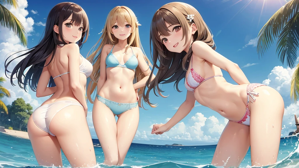 two ladies, buttocks, undressing panty, in the sea, smile,