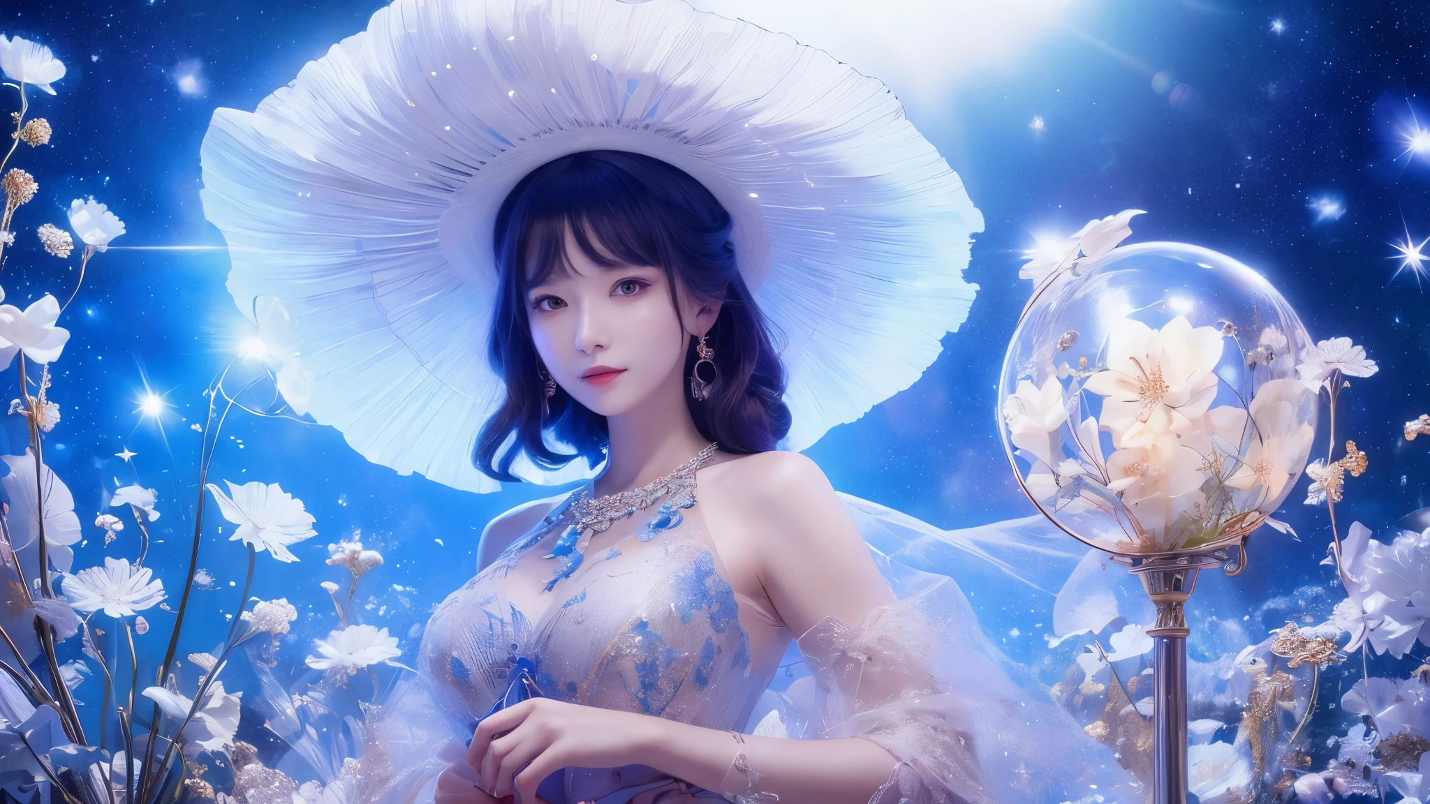 witch,Conservative clothing,Wearing a big hat,Blue crane,Wearing blue, Red and white princess dress,Upper body close-up,Close-up photos,Jewelry,Scenery of Heaven and Earth,Magic crystal ball,The background is the Milky Way,Solar System