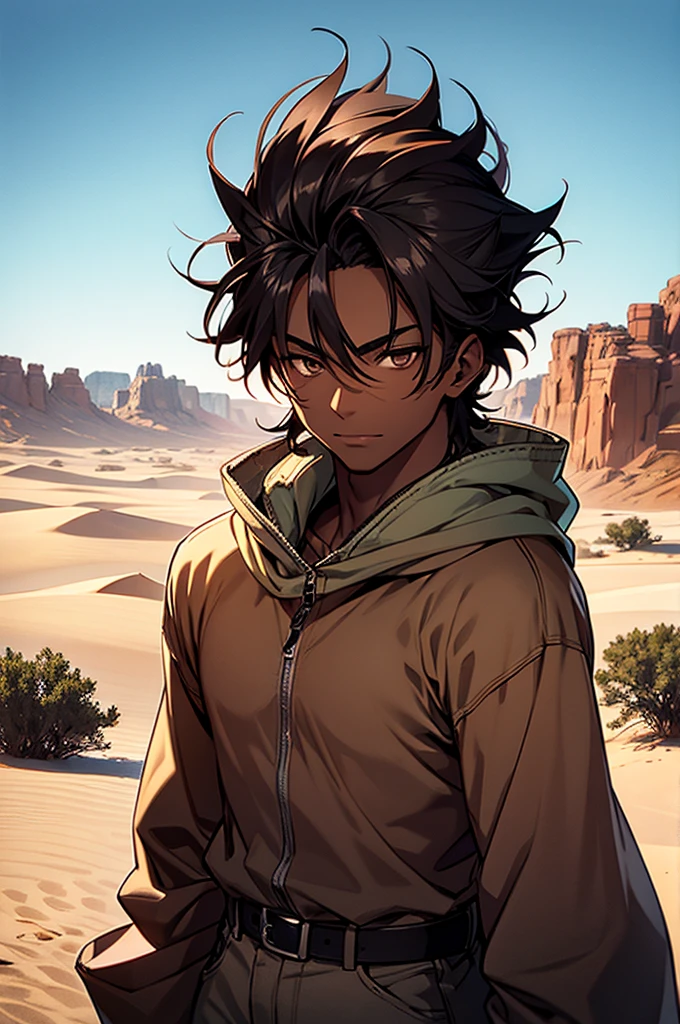 young man, not so high,Little Muscle, slightly dark skin, Desert scenery, snake hair