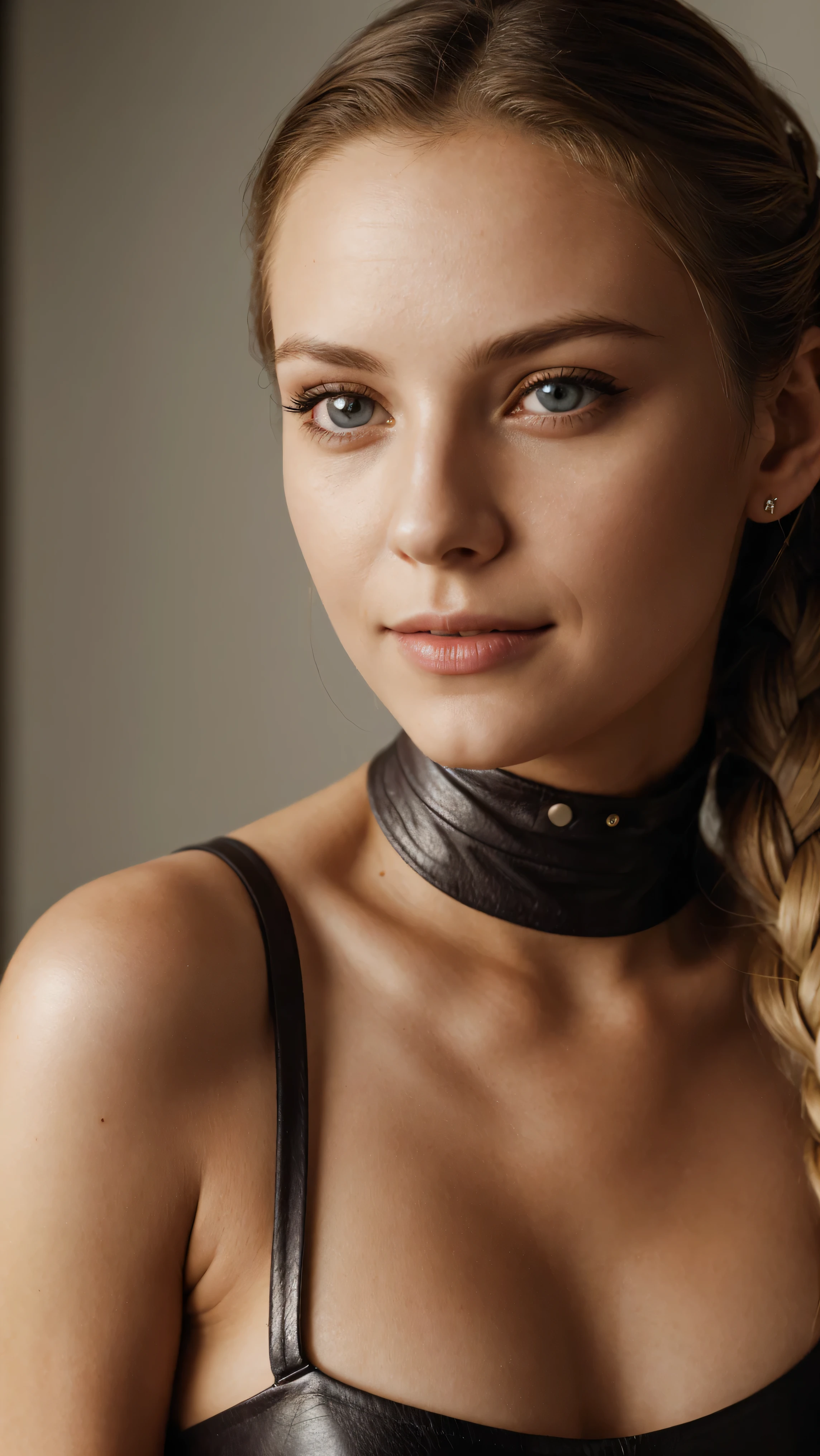 woman, smile, high neck dress, warm light, shadows, Photograph of a 25 year old woman, (ambivalent facial expression), face looking at camera, full face, portrait, faces are visible more, and the eyes look straight, broun textured leather cloth, goosebumps, ash blonde mermaid with braid, Perfect eyes, realistic skin texture, too much sweat, (ektachrome), Velvia 100 color, shot with Leica T, hips, sharp focus on the subject, shot by Peter Lindbergh, bright, fair, realistic look, tika on forehead, nose jewelry, big lips, red lipstick, pink slip, big breast, leather bra, leather short,