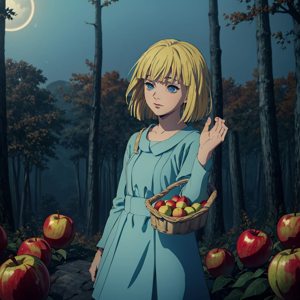 a girl with short blonde hair, in a light blue dress, holding a basket of apples, looking at the sky while an eclipse occurs, in a forest, autumn, 2D, dark environment, dry leaves, dark environment, fog, night