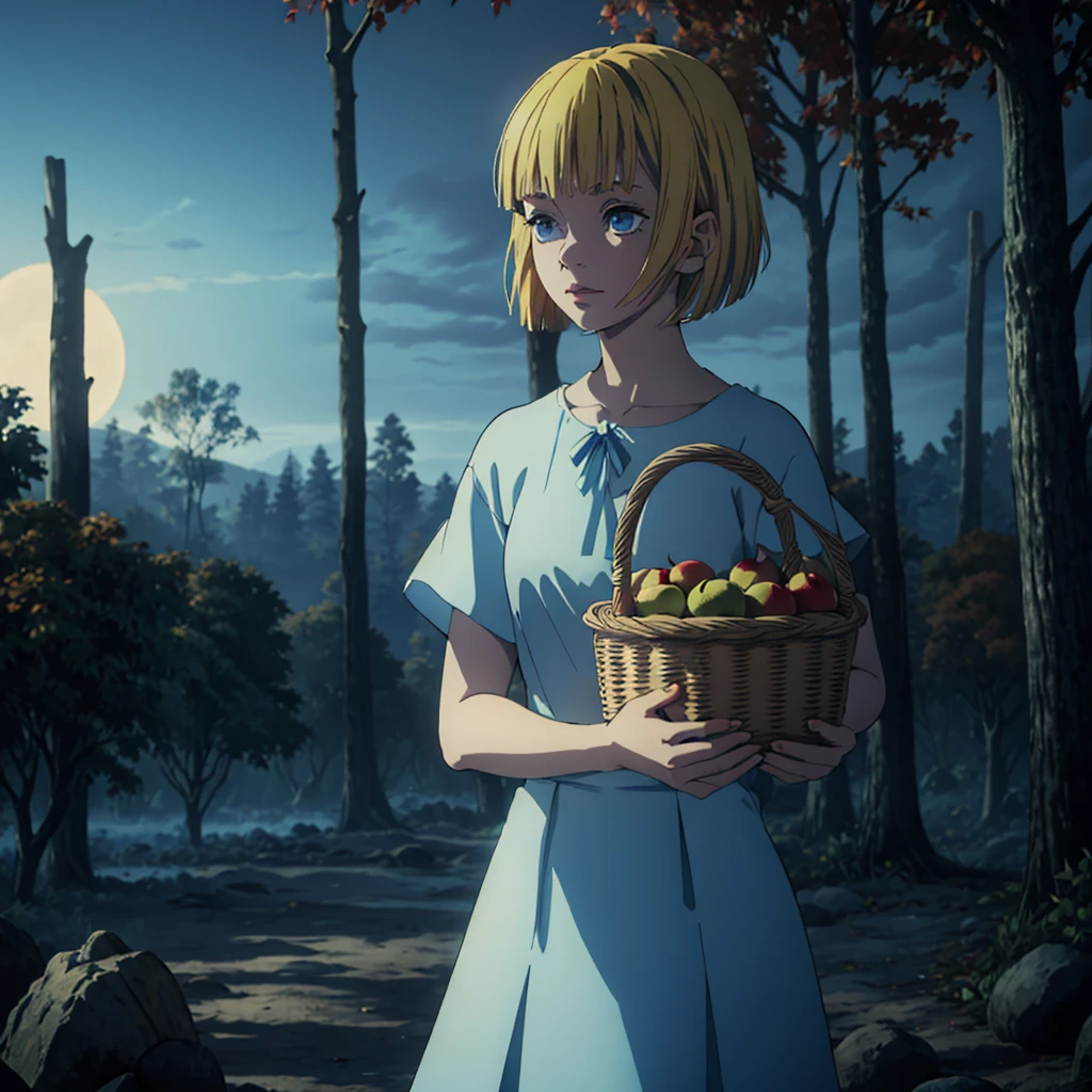 a girl with short blonde hair, in a light blue dress, holding a basket of apples, looking at the sky while an eclipse occurs, in a forest, autumn, 2D, dark environment, dry leaves, dark environment, fog, night