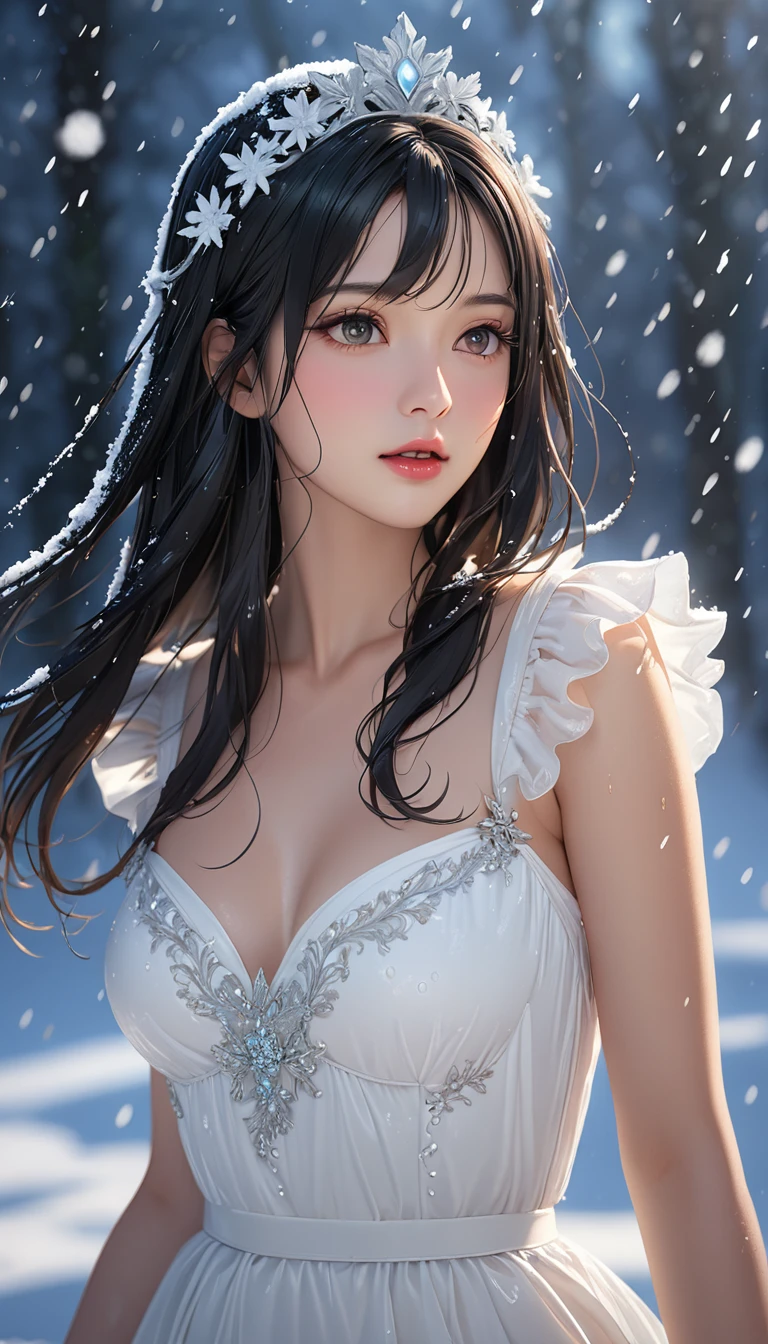 (((masterpiece))),Highest quality,figure,4k wallpaper,Cinema Lighting,Absurd,1 Girl,(snow,ice),snow flower,In winter,(((Black Hair))),(((Long Bob))),(((Semi-long hair))),Shiny Hair,curl,(((White Dress))),Frills,race,Wet clothes,(She has a tiara on her head),(Princess),Leave_shoulder,masterpiece,Absurd,Beautiful Face,Features,Natural light,Soft Light,(Seven-part combination),amazing,Dreamy and magical,mystery,