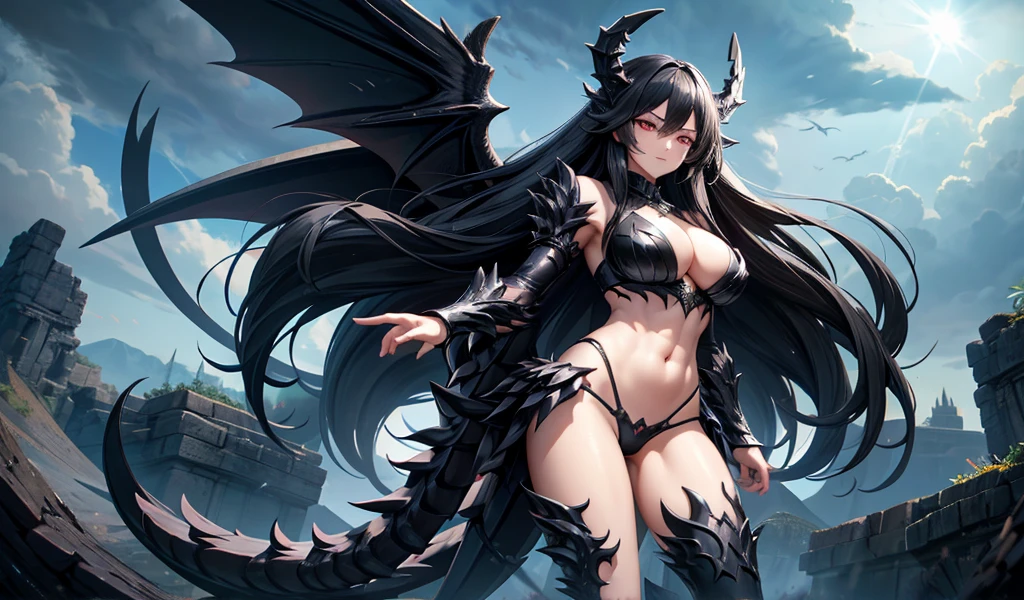 long black hair,goddess,cleavage,Abdominal muscles,black dragon corner,The body has black dragon scales,white dragon wings,black dragon tail,Bare waist,thigh,thong,thunder clouds