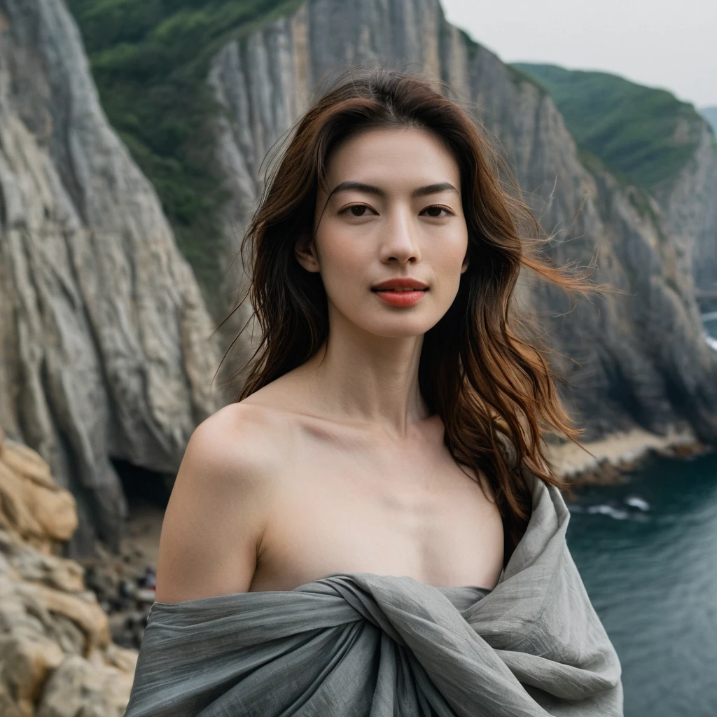 Upper body of a beautiful face Korean girls on ‘cliff’ still from the film, ((solo)), (Anne Hathaway look alike face: 0.9), in the style of foggy valley, confidence smile, fighting practice photography, tangerine and fossil grey, burne-jones, photorealistic urban scenes, luminosity of water, Leica SL3, Summicron-SL 75 f/2 ASPH, MyHeart 200 film, bare shoulder, monk cloth, dynamic action pose,