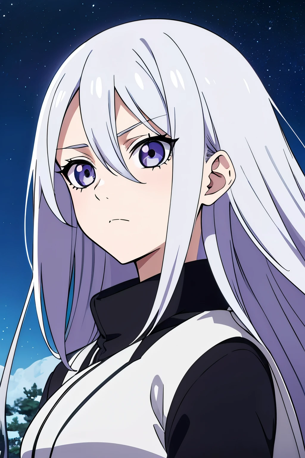 (high-quality, breathtaking),(expressive eyes, perfect face) portrait, Symmetrical Eyes, 1girl, solo, ager age, short height, white hair, white coloured eyes, byakugan, anime naruto art style, long hair, fluffy hair, feminine face, sky background, moon, open field background, stars, trees, detailed eyes, hyuga, Ōtsutsuki, naruto ninja attire, neutral expression, soft smile, purple and black clothing, white trim, long sleeves, white dress, hair between eyes, bare shoulders, jacket,