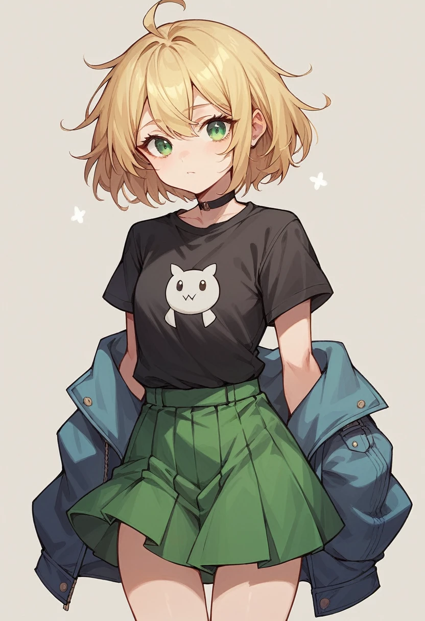 small girl with blonde hair appearance (black shirt with green skirt with green eyes)