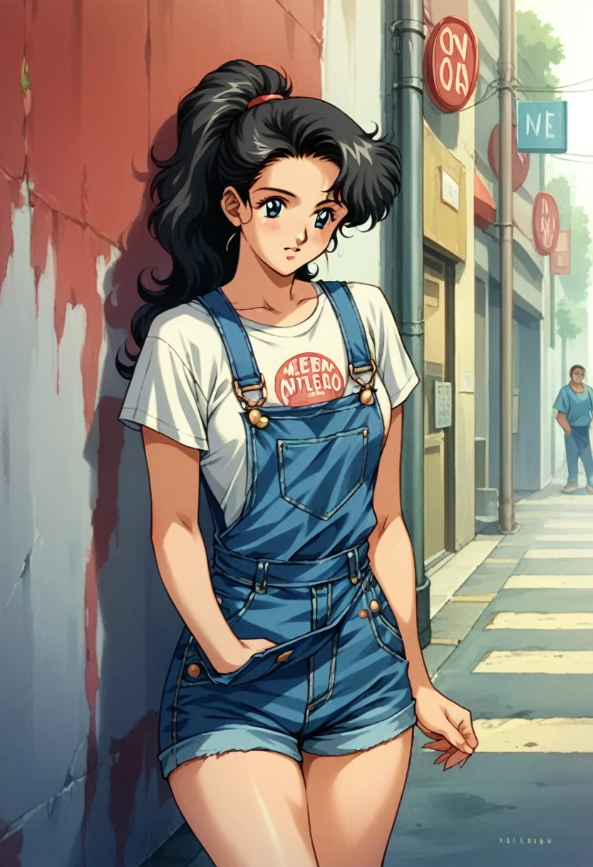 pho3b3cat3s photos, Beautiful woman, ((24-years-old)), street, T-Shirts, Denim overalls, 1980s, Retro, Long wavy black hair in a ponytail, (masterpiece), (Highly detailed CG Unity 8k wallpaper), Complex, ((Realistic)),