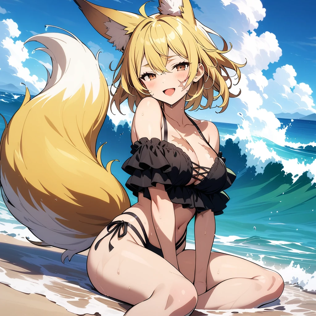 (masterpiece,best quality,very aesthetic,ultra-detailed),high saturation,official art,nsfw,solo,BREAK,1girl,30yo,curvy,large breasts,tall,stout build,bewitching,(blonde fox ears),(a fox tail),(blonde hair,short hair,messy hair),disheveled hair,(brown eyes),half closed eyes,beautiful face,bare legs,comfortable,open mouth,enjoyable,(smirk:0.8),wet,(tropical atmosphere,dark green layered highleg bikini with long ruffled off-shoulder sleeves and a black bow in the center. The bikini has a floral pattern and features strappy details on the bottom piece),(scar on breasts,scar on cheek:1.2),ocean,wave,Clear seawater,splash,summer sky,cowboy shot,sitting indian style,on sand beach,side glance,beachside clubhouse background