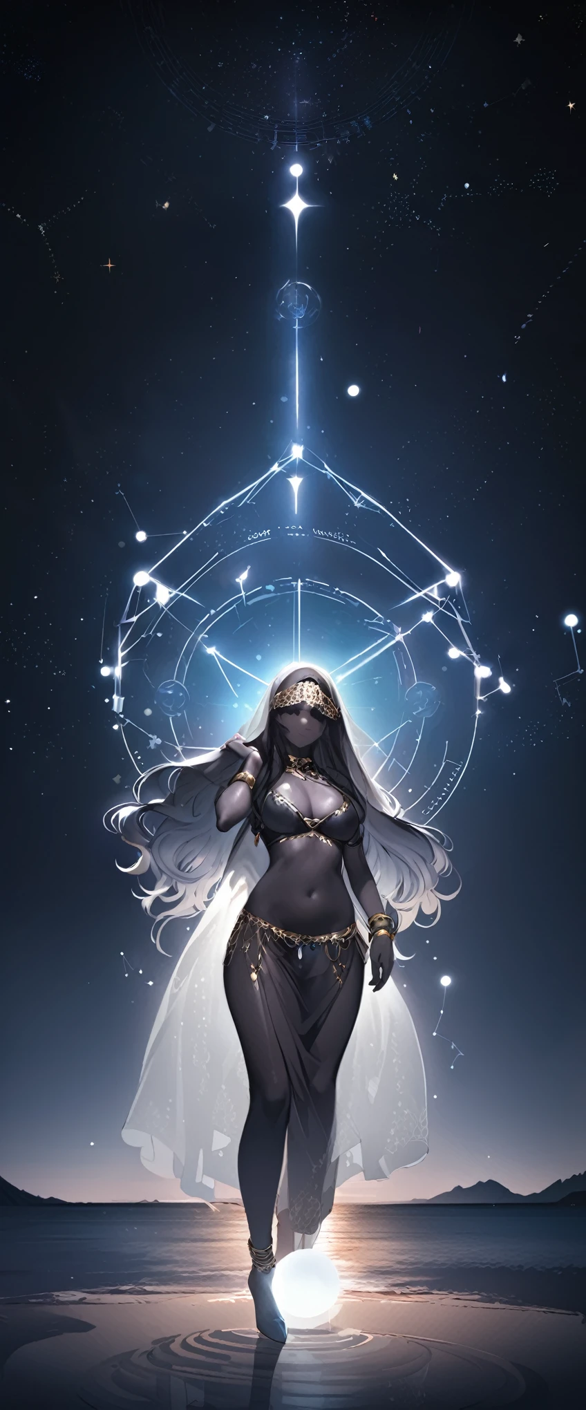 quality\(8k,wallpaper of extremely detailed CG unit, ​masterpiece,hight resolution,top-quality,top-quality real texture skin,hyper realisitic,increase the resolution,RAW photos,best qualtiy,highly detailed,the wallpaper,cinematic lighting,ray trace,golden ratio\), BREAK ,solo,1girl\(Astrologer,Arabic,(face veil:1.7),dark skin, shiny skin, cleavage, wearing head_scarf\(shawl\),wearing bedlah\(belly_dance dress\), crystal jewelry, smiling mouth under face veil, black hair, long hair, wavy hair, bracelets, necklace, earrings,wearing makeup\(eyeshadow,lips\),long eyebrow,(holding big beautiful 1crystal_ball:1.3)\), BREAK ,background\(inside,(very dark:1.4), dark sky,many shiny stars\((constellations:1.8)\),(tarot_card floating in the air:1.3)\),(long shot:1.4),(wide shot:1.4),full body,dynamic pose,long shot
