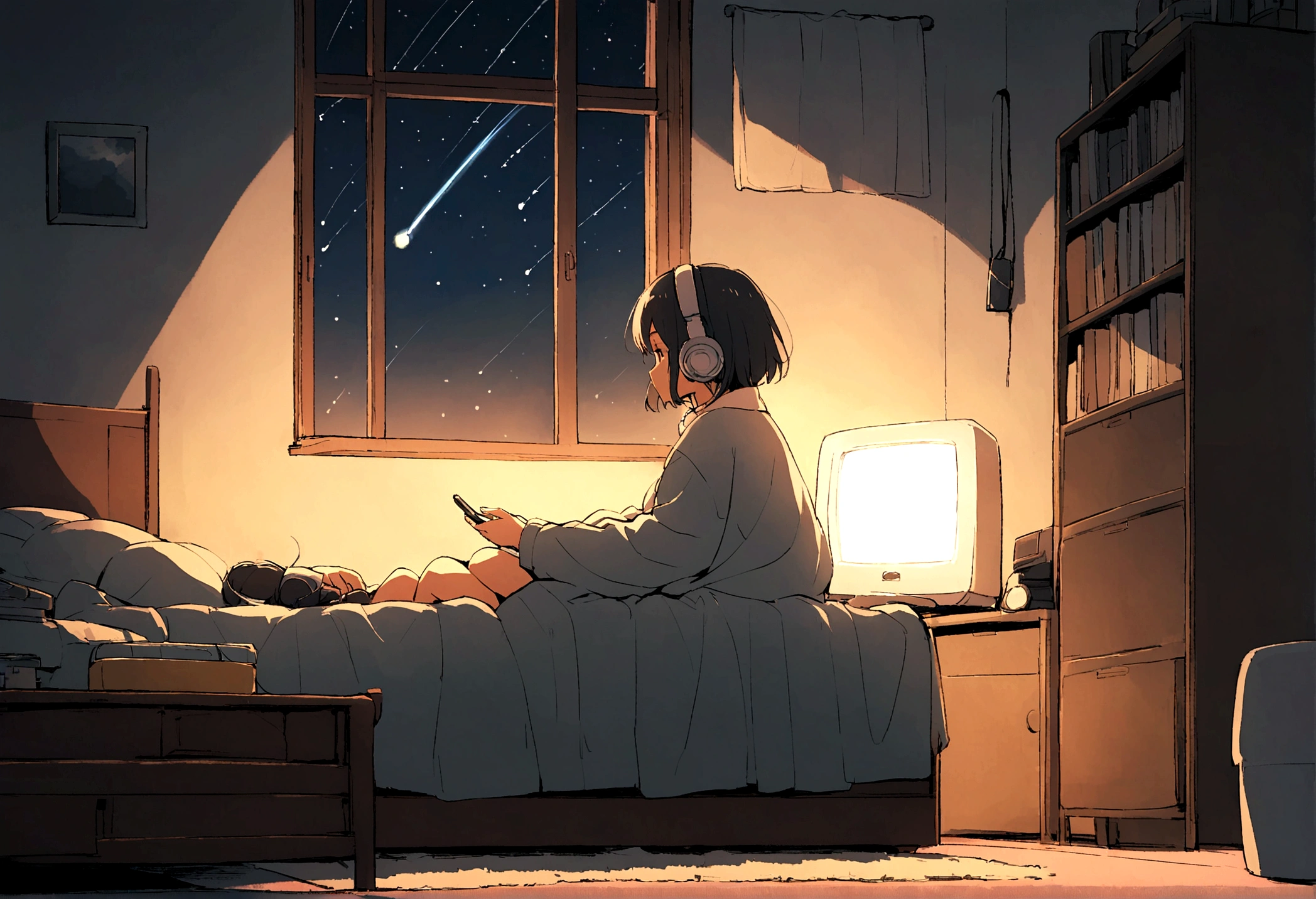 night、Girl listening to music in a cozy room, Using headphones,, Lo-Fi, hard disk, There is a slight light on, Makoto Shinkai style, There are many shooting stars outside the window