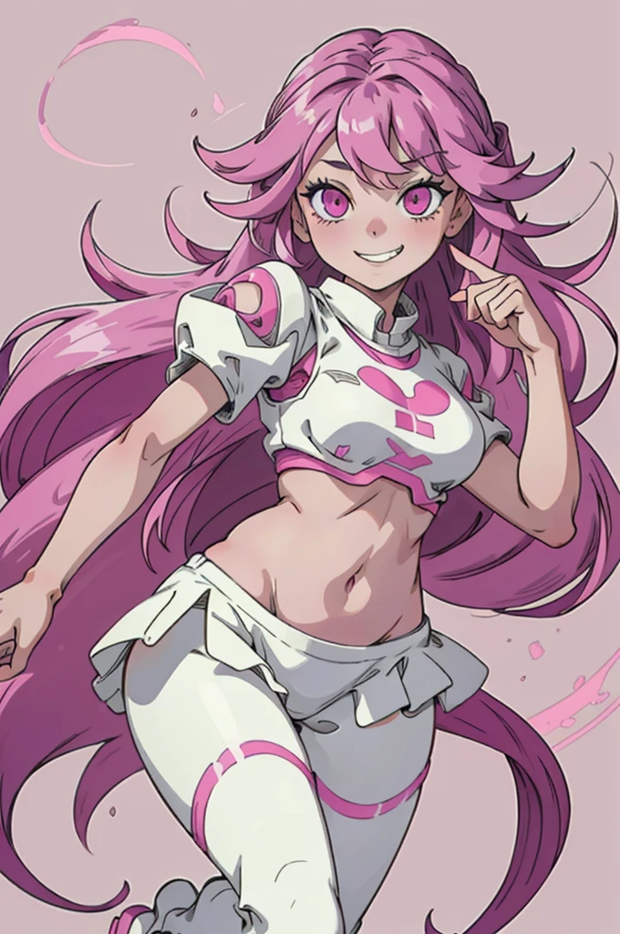 best quality, simple Details, 1 girl, Long hair, pinkies Hair, grin, pinke Highlights, pink eyes, good eyes, simple background, full body, Belly-free,