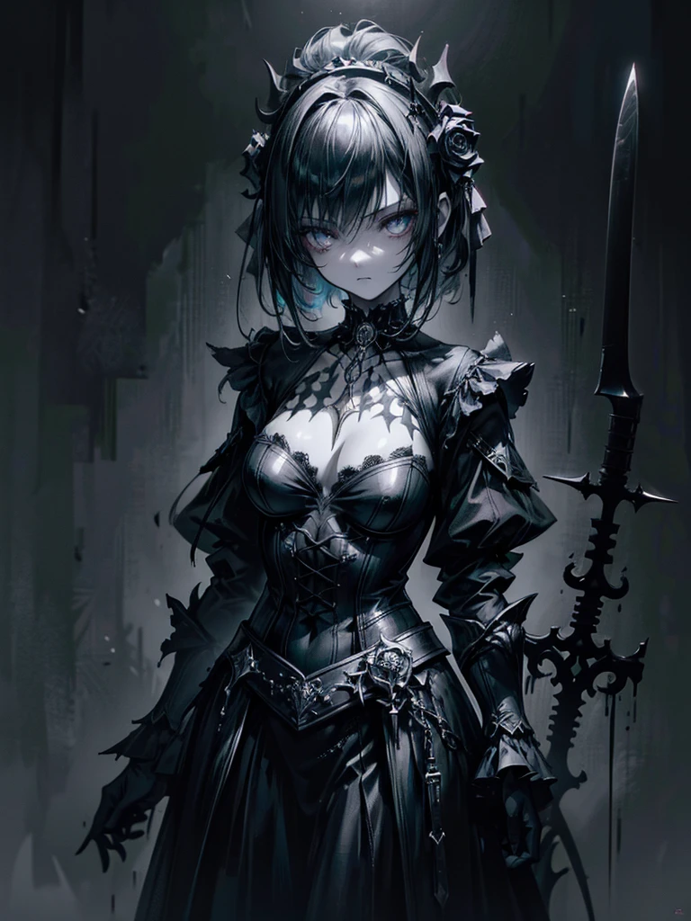 (a girl with) Aura-like gothic lighting, realistic Gothic-style artwork, detailed skeleton impaling itself with a sword in the neck, dark atmospheric background, high-res masterpiece:1.2, ultra-fine painting, professional, vivid colors