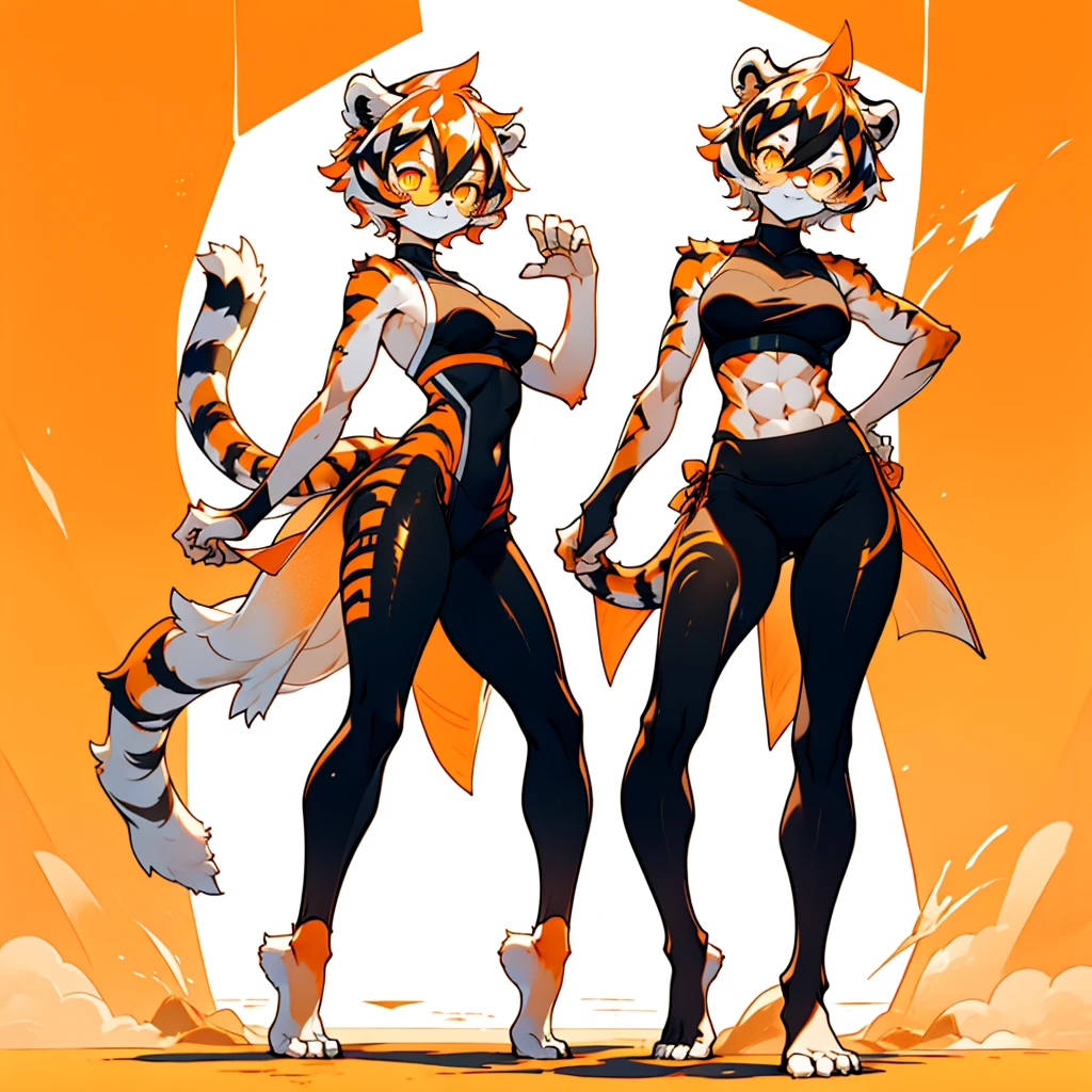 white background, full body, ((1girl,furry)), Standing Yoga mat, young girl, animal ears, arknights, white hair, black hair, round eyewear, glasses, OPPEIN, short hair, large breasts, muscle, tail, orange eyes, orange hair, multicolored hair, tiger girl, furry female, hair between eyes, tiger_ears, tiger_tail, orange-tinted_eyewear, tinted_eyewear, Sophorae, ワイフー, tattoo, petite, neck tattoo, big breasts, stomach tattoo, bra, panties, evil smile, Shadows under feet, Abdominal muscles, Yoga tights, Yoga balls