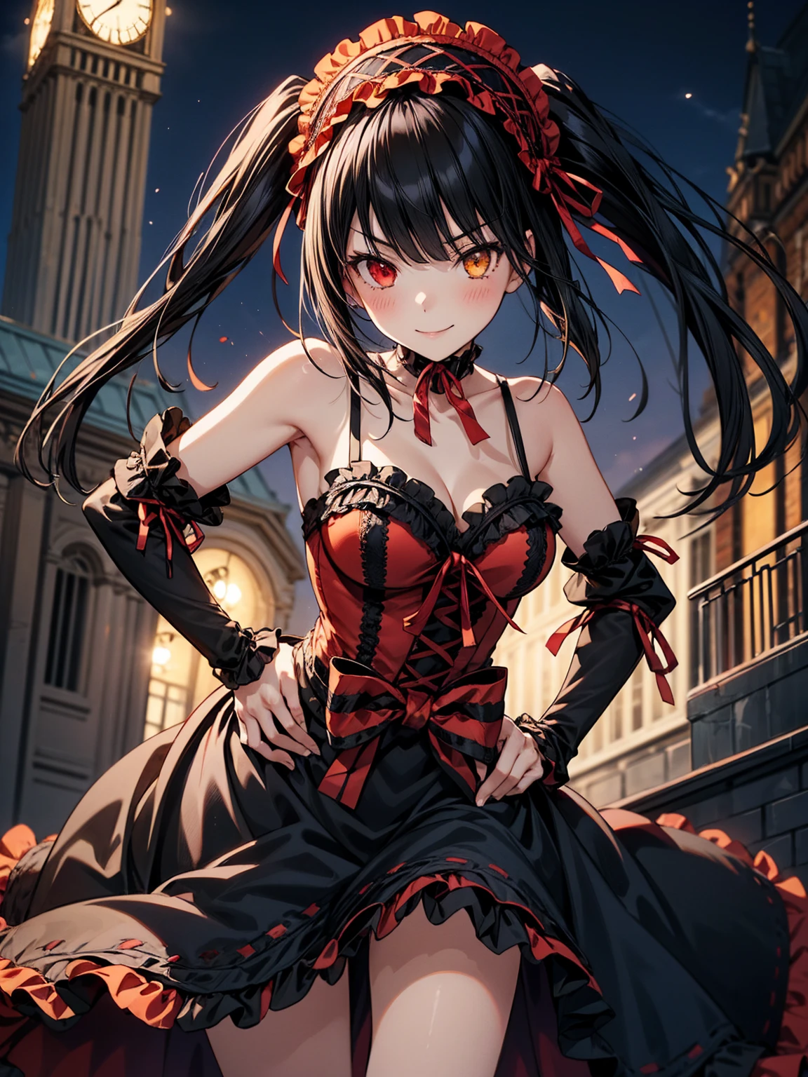 Very detailed, highest quality, masterpiece, gravure body type, medium breasts, moody angle, cowboy shot,( 1girl, solo:1.5), aakurumi, long hair, twintails, hairband, heterochromia, medium breasts, cleavage, black choker, red ribbon, bare shoulders, gothic, red dress, red bow, detached sleeves, very detailed background, outdoors, smile, hand on hip, night, city,( Clock tower in the background), leaning forward, wind