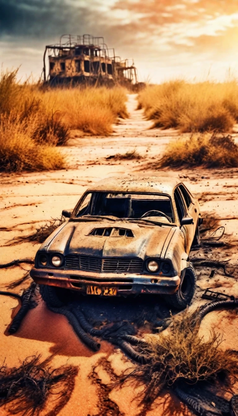 Photography, Masterpiece, post apocalyptic desert city floor, mad max style. a body lying on the asphalt and vegetation growing, sand on the asphalt, warm colors