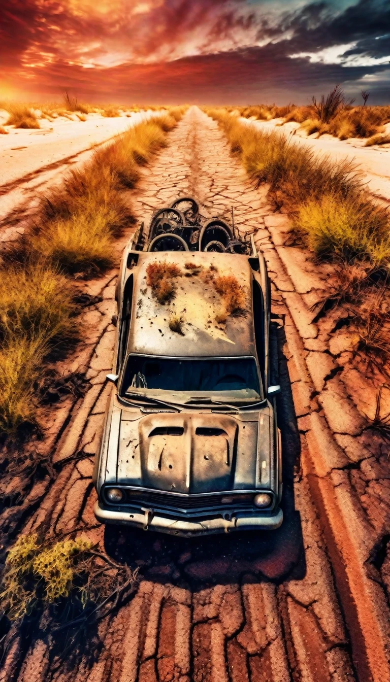 Photography, Masterpiece, post apocalyptic desert city floor, mad max style. a body lying on the asphalt and vegetation growing, sand on the asphalt, warm colors