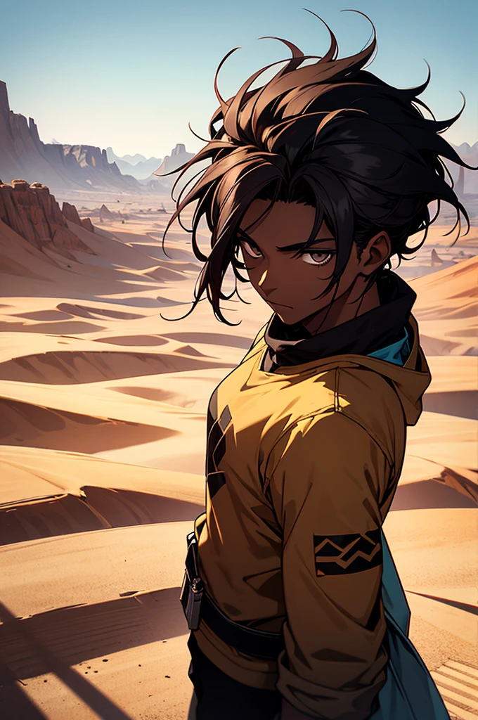young man, not so high,Little Muscle, slightly dark skin, Desert scenery, hair made from snakes