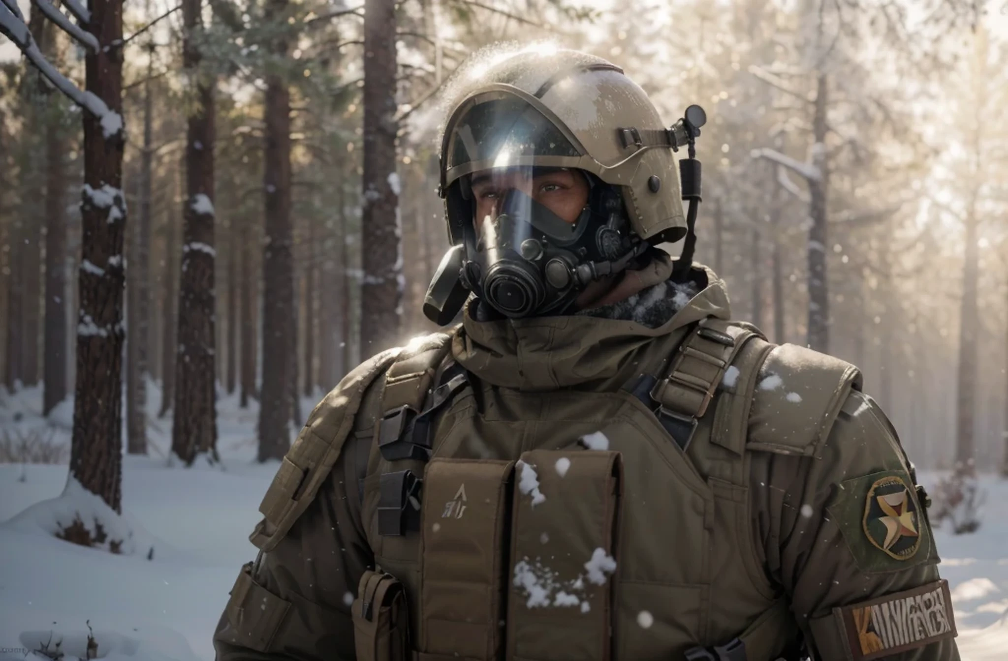 Male soldier, brown Soviet style uniform, gray metal military helmet, Soviet style full head gas mask, brown bulletproof vest, gray metal shoulder pads, he is in a wild snowy winter forest, realistic, 4k, Ultra detailed image, realistic, Highly detailed , perfect composition, gorgeous , Intricately detailed, incredibly detailed, Art photography 8K, hyper detailed, Masterpiece, Ultra detailed, hyper realistic, 4k, Ultra detailed image, realistic, Highly detailed, perfect composition, beautiful, intricately detailed, incredibly detailed, art photography 8k, hyper detailed, masterpiece