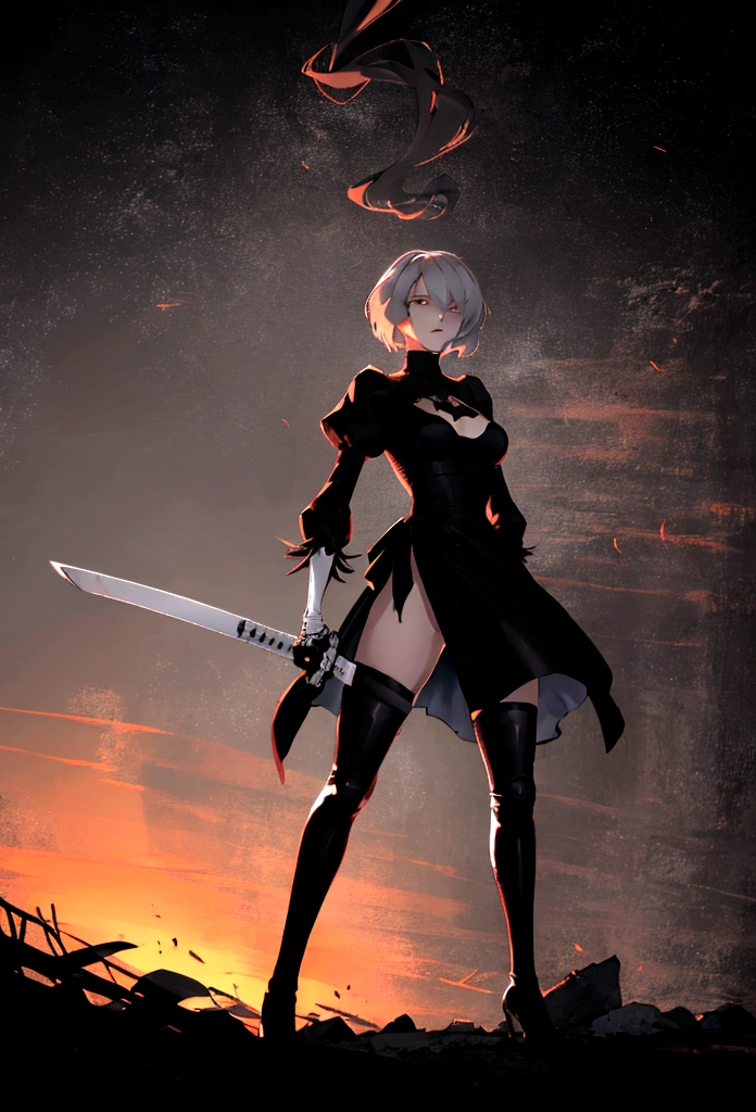 2b,(work of art), ultra detaild, fully body, soft hair, black gown, neckleace, Action, battle pose, standing with legs open, katana, wall-paper, destroyed forest background, SUNSET, smoke in the sky, sparks, serious facial expression, ideal female body, adult, opaque color palette