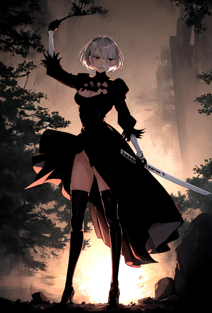 2b,(work of art), ultra detaild, fully body, soft hair, black gown, neckleace, Action, battle pose, standing with legs open, katana, wall-paper, destroyed forest background, SUNSET, smoke in the sky, sparks, serious facial expression, ideal female body, adult, opaque color palette