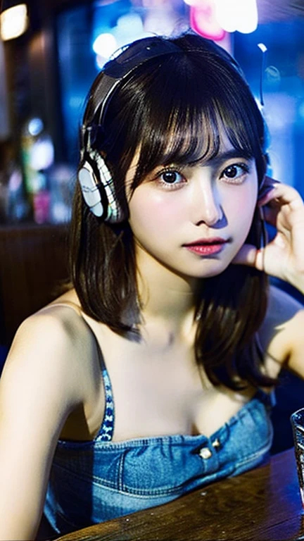 A bar surrounded by stars。A young and beautiful woman、At the bar window、Blue glass headphones、While listening to music、Drinking canned chuhai。she、With dark brown short hair、Droopy eyes、and、round face。Blue bikini bra and、Denim shorts、Wearing。