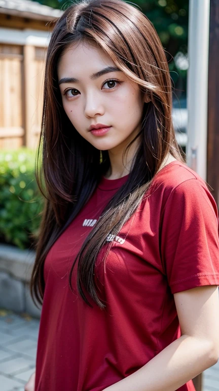high resolution、Japanese women、cute、Small face、Long Hair、Brown Hair Color、The eyebrows are thin、Woman in her 20s、Outdoor shooting、Red T-shirt