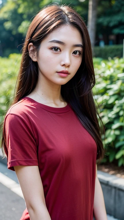 high resolution、Japanese women、cute、Small face、Long Hair、Brown Hair Color、The eyebrows are thin、Woman in her 20s、Outdoor shooting、Red T-shirt
