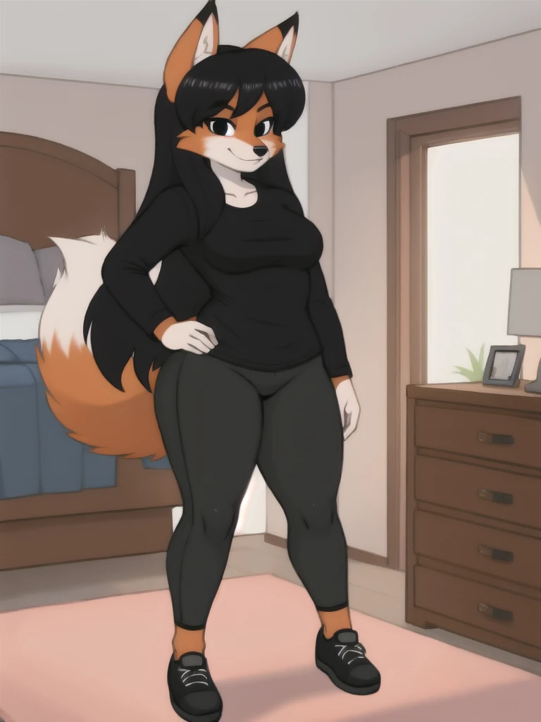 Furry, fox, female, black shirt, black leggings, shoes, bedroom, teen, standing, full body