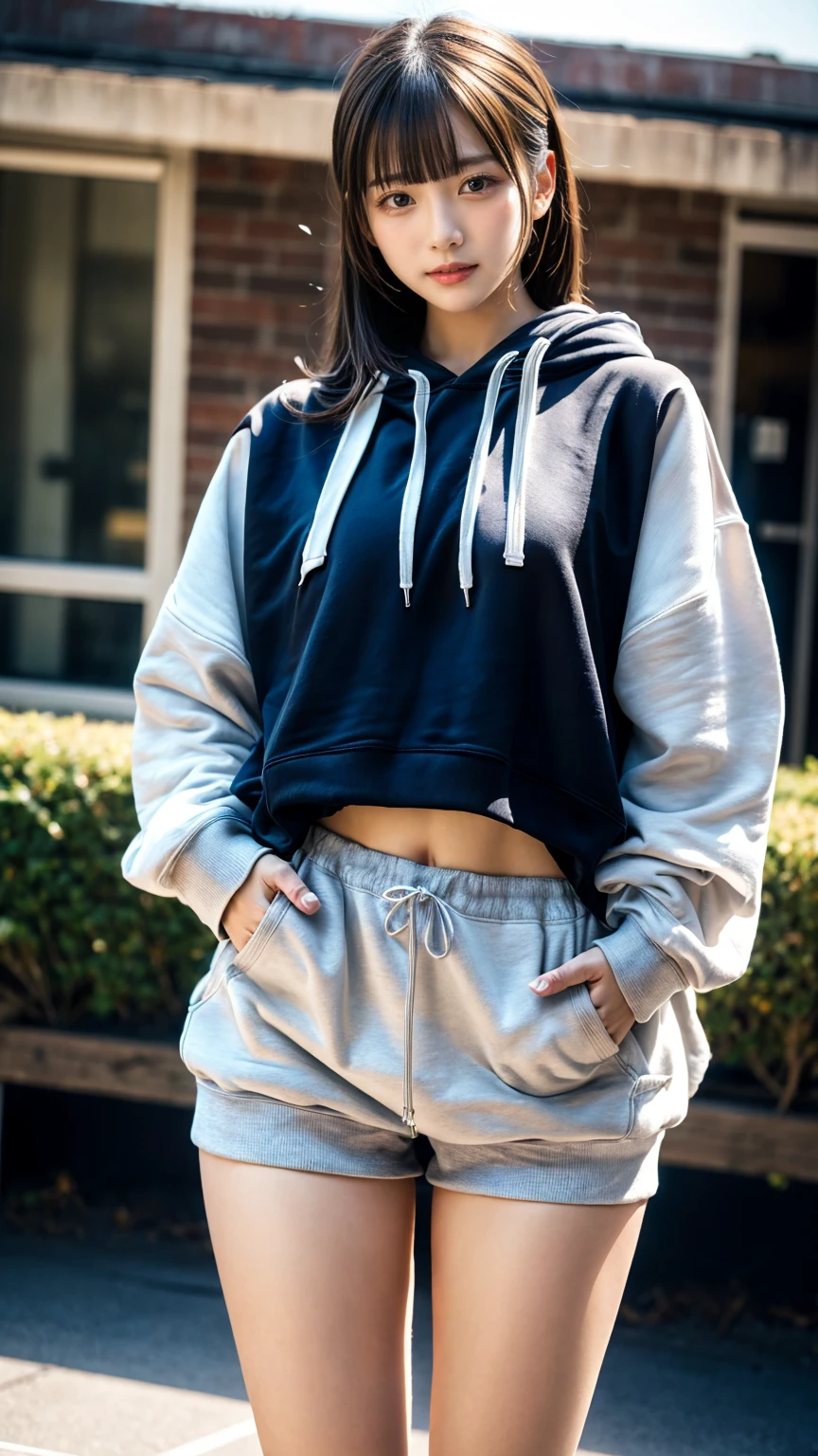 Best Quality,masutepiece,超A high resolution,of the highest quality,Realistic,Ultra Detail, in 8K, (Very oversized hoodie:1.2)thighs thighs thighs thighs、FULL BODYSHOT