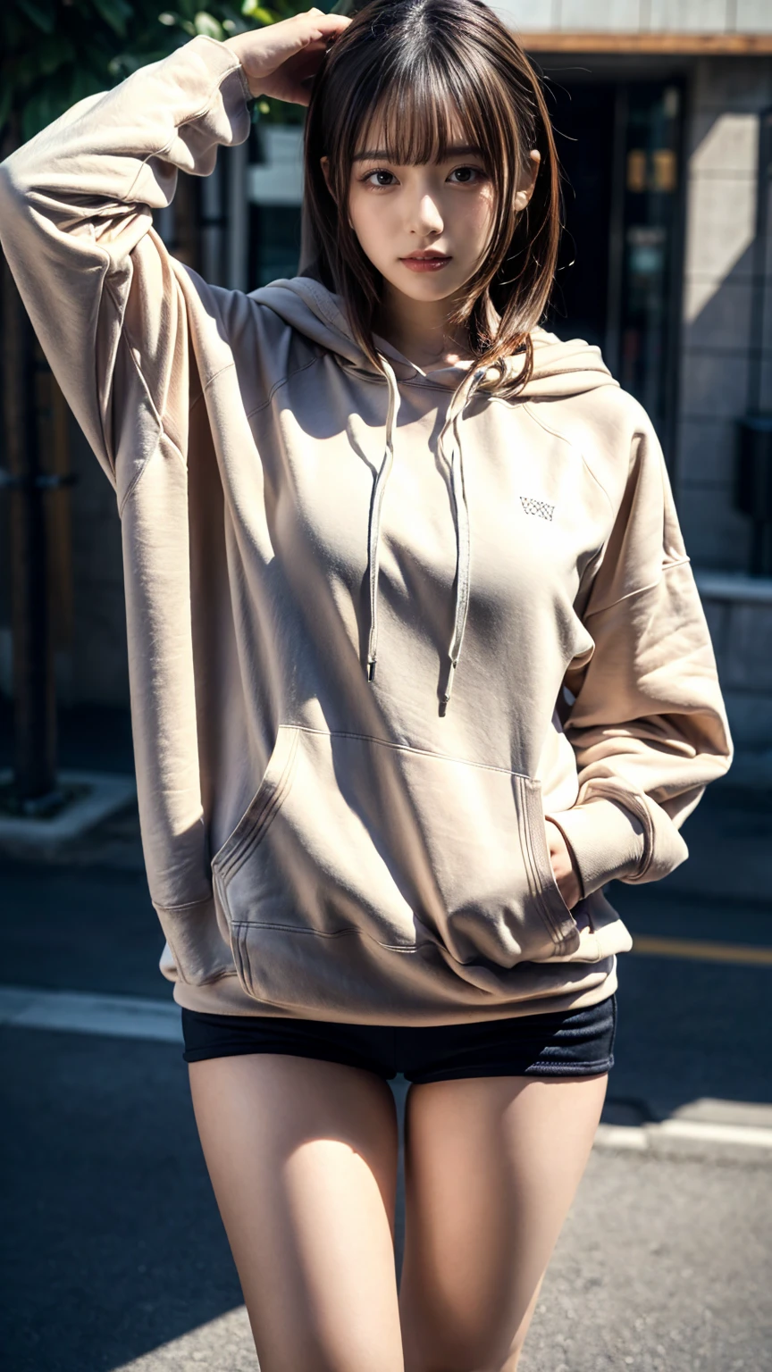 Best Quality,masutepiece,超A high resolution,of the highest quality,Realistic,Ultra Detail, in 8K, (Very oversized hoodie:1.2)thighs thighs thighs thighs、FULL BODYSHOT