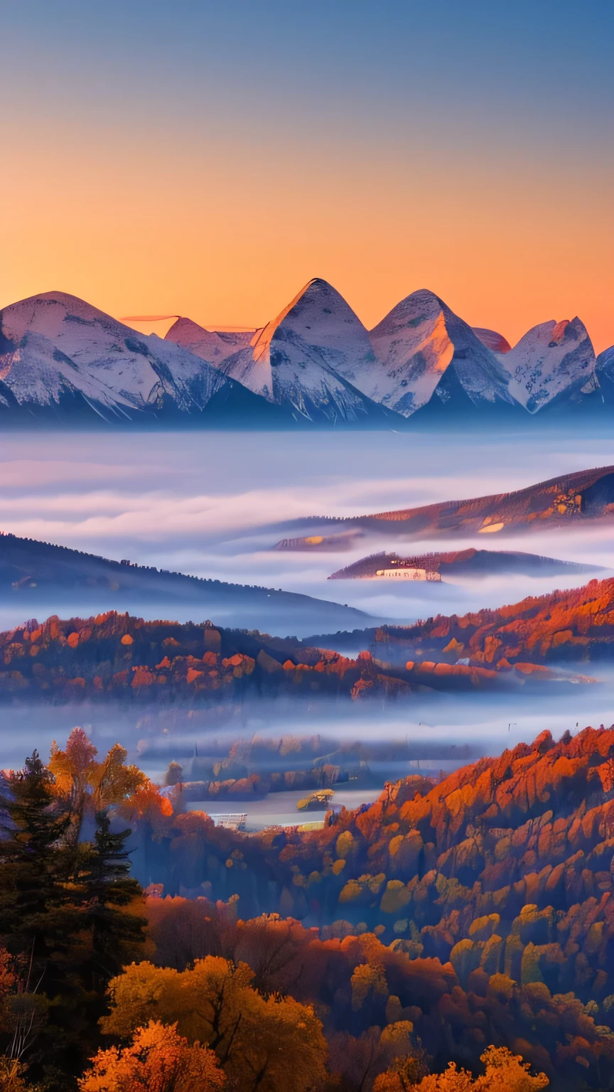 Misty Mountains々A calm sunrise over the: Mountains shrouded in mist々A mesmerizing landscape with a soft golden sunrise, Creates a tranquil and breathtaking atmosphere.