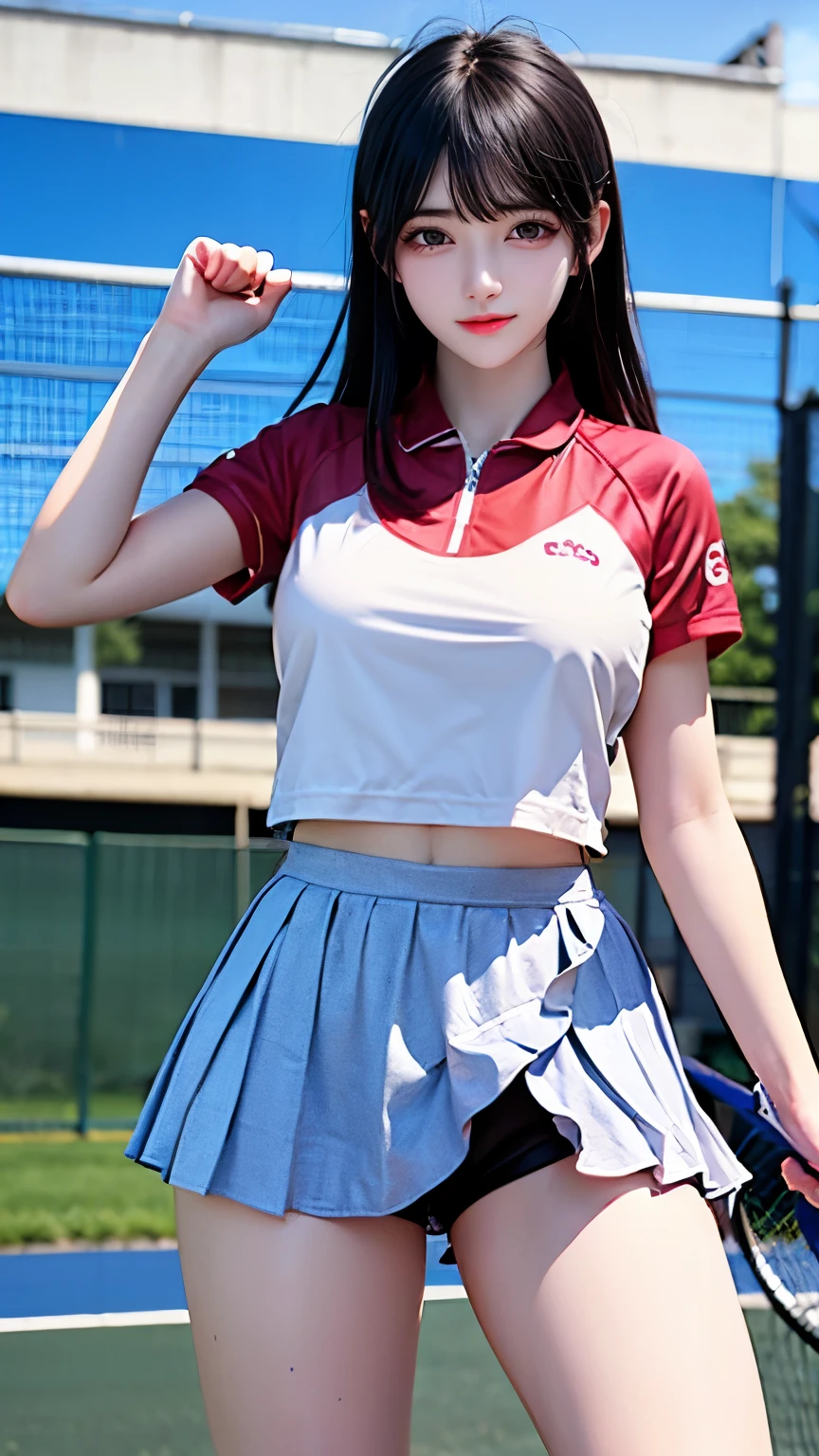 (Very delicate and beautiful:1.2)super model,,Big Breasts,Beautiful breasts,voluptuous,【bike shorts】,,【3girls】,,Highest quality, High resolution, 8K,Kick in a hurry,Tennis Wear.mini skirt