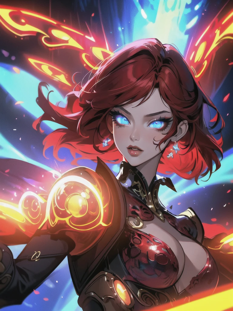 Red hair color,(masterpiece, best quality),(1 lady),(solo),(artstation),(dynamic),(charming),(magical),(unreal engine),(fantastically beautiful),(illustration),(dramatic lighting),(rave background),(neon glow),(maximalist),(extremely detailed eyes and face),(long eyelashes),(intricate details),(vibrant colors),(cinematic lighting),(fantasy portrait)