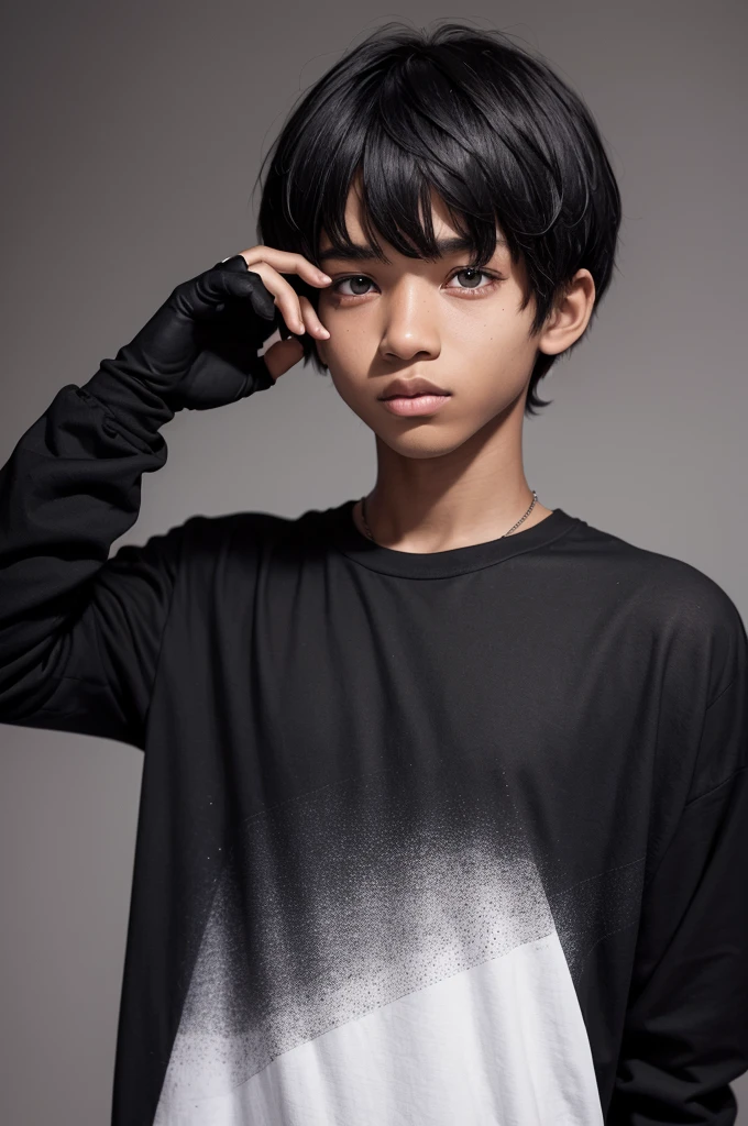 A black teenager with white eyes. He has cut hair with 3-point bangs.. He wears a black shirt over another black shirt with long sleeves.. He has a long black fingerless glove on his right arm.