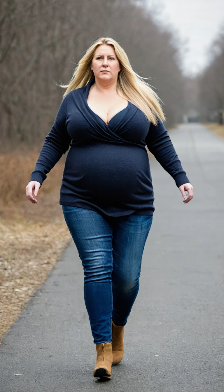 Fat woman, 40 years old white Caucasian wom walking outside, long straight blonde hair, serious, chubby, bbw, casual, winter, cold, cleavage