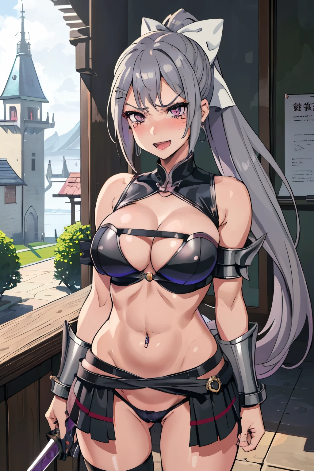 higuchi kaede, 1girl, virtual youtuber, solo, long hair, mole under eye, purple eyes, ponytail, very long hair, hairclip, grey hair, blush, lipstick, Hot girl, baddie, staring, glaring, bad attitude, mean girl, dare, angry, hate, crazy, smoking, sensual, attractive, jewelry, earrings, masterpiece, best quality, highly detailed, fantasy , a anime girls in armored dress holding a sword
posing for a picture, evil smile, smile, open mouth, plate with open cleavavage, warrit, ecchi anime style, anirls, ecchi style, (nsfw) not saf work, ecchi, digital anime art!!, in
astyle, official artwork, visual novel cg, beautiful anime girl, anime style 4 k , loincloth, exposed
belly, exposed navel, exposed midriff, exposed lower belly, pencil skirt armored, castle,inside castle, navel piercing