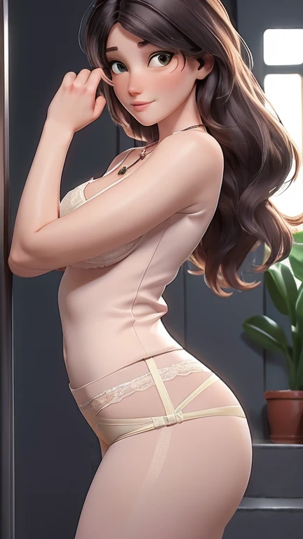 (best qualityer:1.4), body focus, (cute face), work of art, ultrarealistic, (((best qualityer))), ((comely Finger)), , comely body, Gorgeous character design, ,lighting perfeita, colorfully, Ablaze_front_face_lighting, ultra high resolution, top view, high resolution, absurderes:1.2, bokeh:1.2, Lens flare, (Vibrant_colour:1.2), (comely, medium breasts:1.2), (thick-thighs:1.1), thick,
Animated female character, ((sideways)), walking, climbing the stairs and holding the handrail, curvy body,, Pale skin,, face covered by hair, ((wearing tight lycra shorts sexy lingerie seducive lace lingerie)), ((no face view)), ((sexy lingerie)), big ass, silver necklace with pendant, wrinkles, long hair, side view