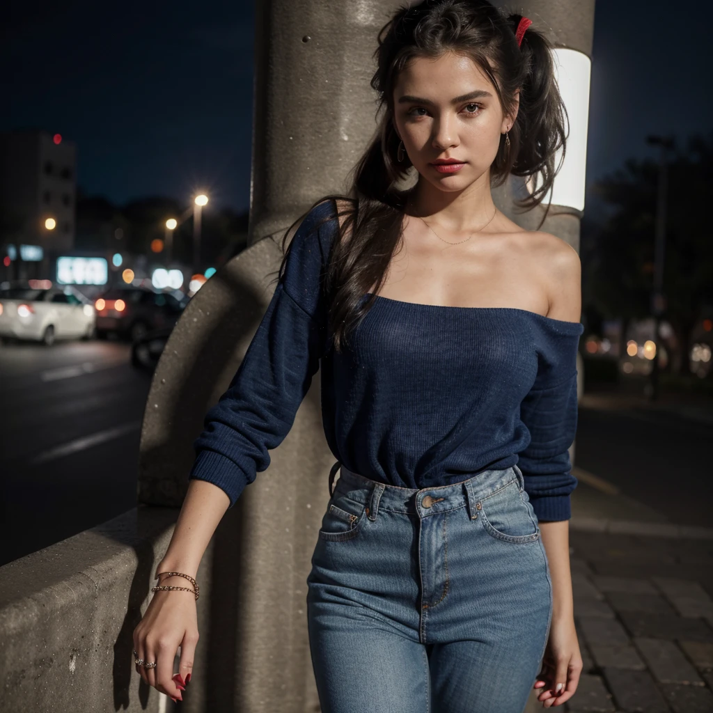 18 year old girl (best quality,4k,8k,highres,masterpiece:1.2),ultra-detailed,(realistic,photorealistic,photo-realistic:1.37),portrait,wearing overloose sweater blue,small chain on neck,black hair,hair band in ponytail,vivid colors,soft lighting,night neon background,subtle bokeh,warm color tones,rich girl,red lipstick,earing,full sleeve top,long shirt,round neck style dress,wearing jeans pant,hoodie,wearing a ring in hand