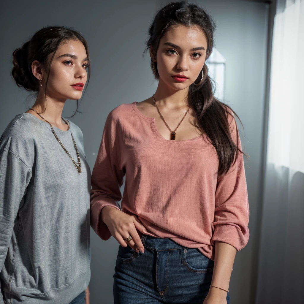 18 year old girl (best quality,4k,8k,highres,masterpiece:1.2),ultra-detailed,(realistic,photorealistic,photo-realistic:1.37),portrait,wearing overloose sweater blue,small chain on neck,black hair,hair band in ponytail,vivid colors,soft lighting,night neon background,subtle bokeh,warm color tones,rich girl,red lipstick,earing,full sleeve top,long shirt,round neck style dress,wearing jeans pant,hoodie,wearing a ring in hand